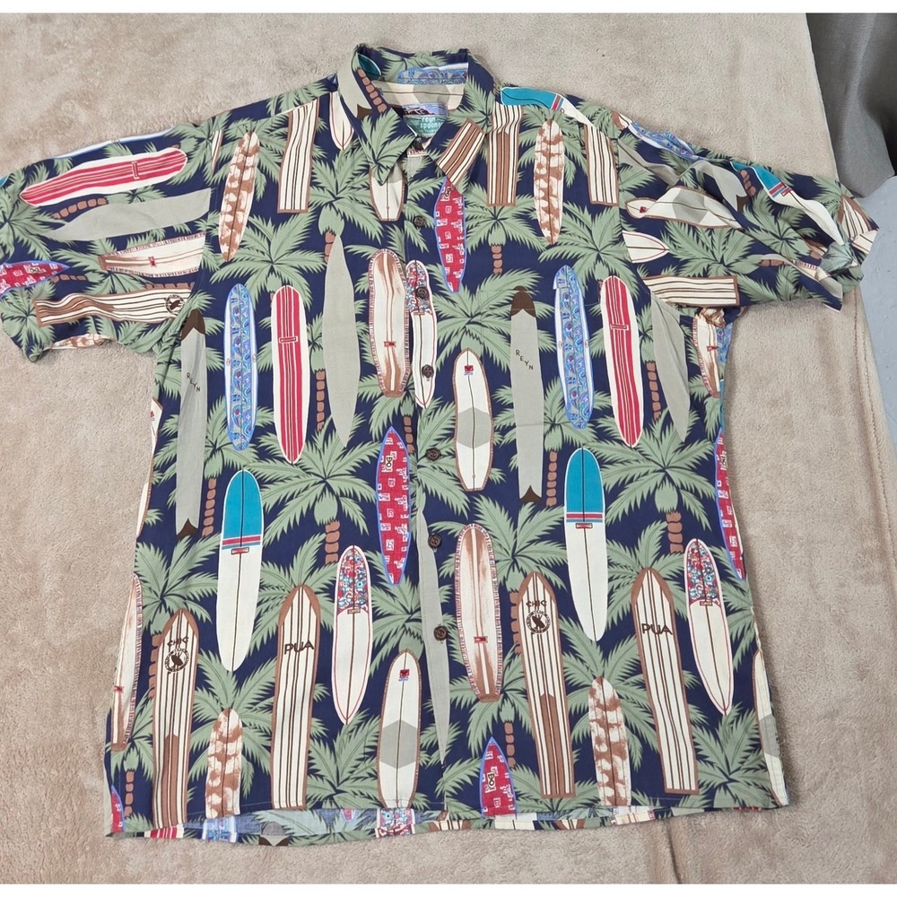 Vintage Reyn Spooner Surfboard Palm Trees Aloha Shirt Mens M Multicolor Rayon